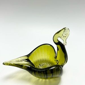 Green Art Glass Swan Nesting Ashtray Vintage (1970s).